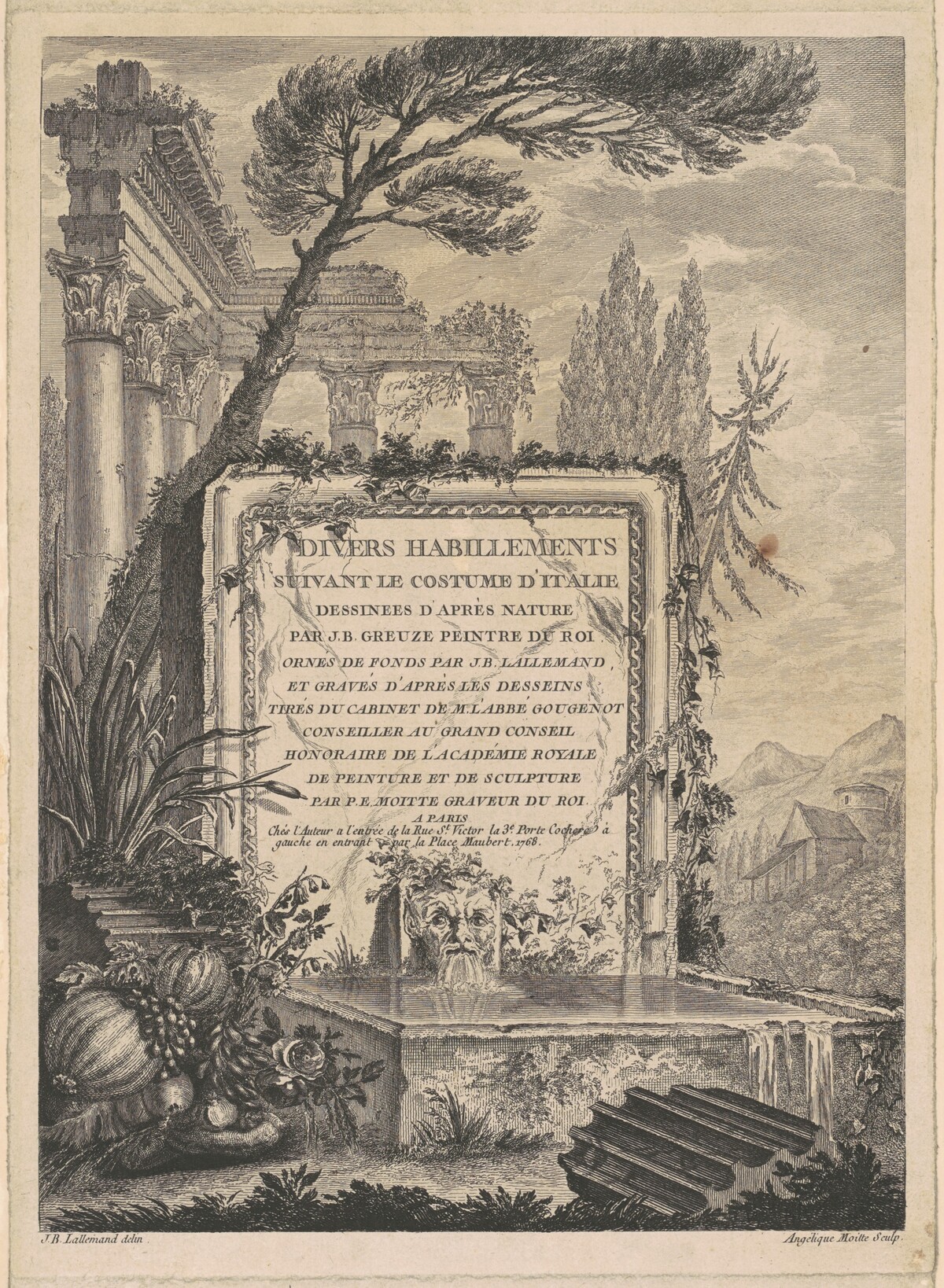 Architectural Fantasy of Roman Ruins with an Inscription Plaque by Rose Angélique Moitte, after Jean-Baptiste Lallemand
