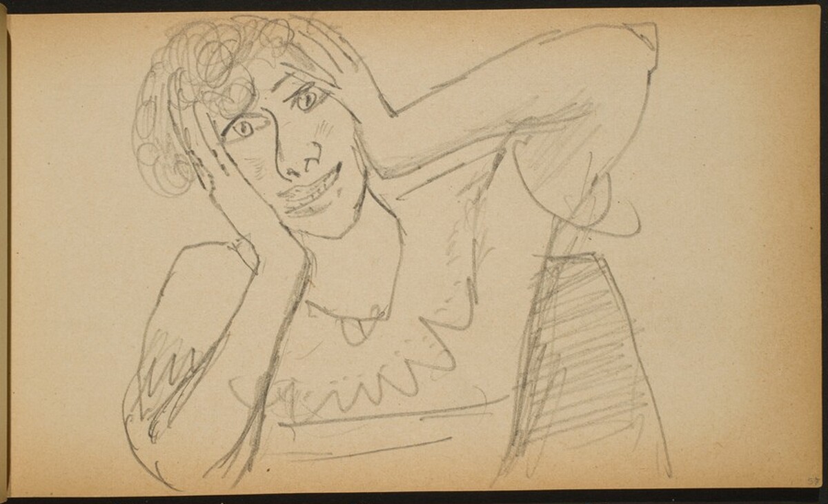 Lachende Frau mit an den Kopf gelegten Händen (Woman Laughing with Hands at her Head) [p. 57] by Max Beckmann