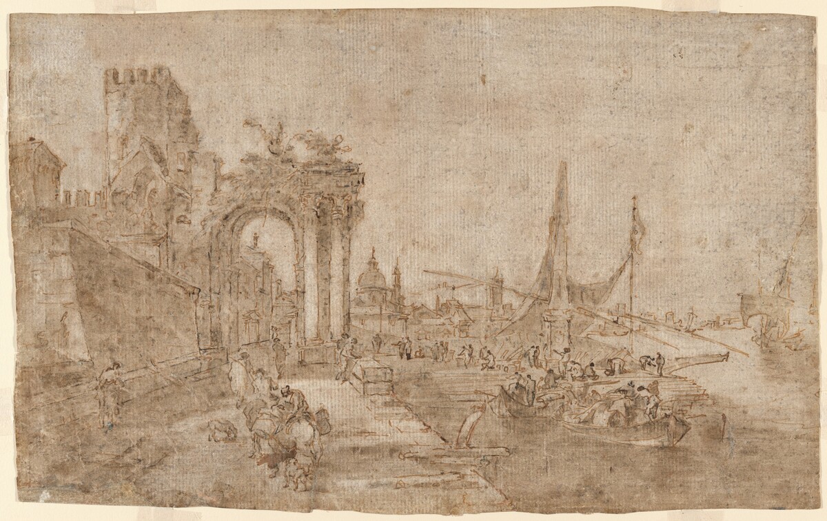 Venetian Capriccio with Boats Unloading (recto); Figures among Ruins (verso) by Francesco Guardi