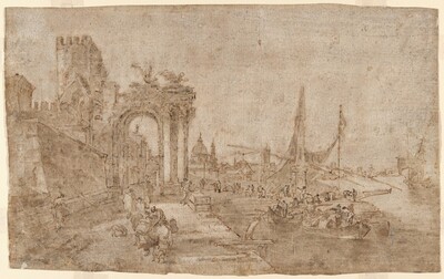 Venetian Capriccio with Boats Unloading (recto); Figures among Ruins (verso)