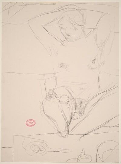 Untitled [seated female nude with foot on table and arms behind head]