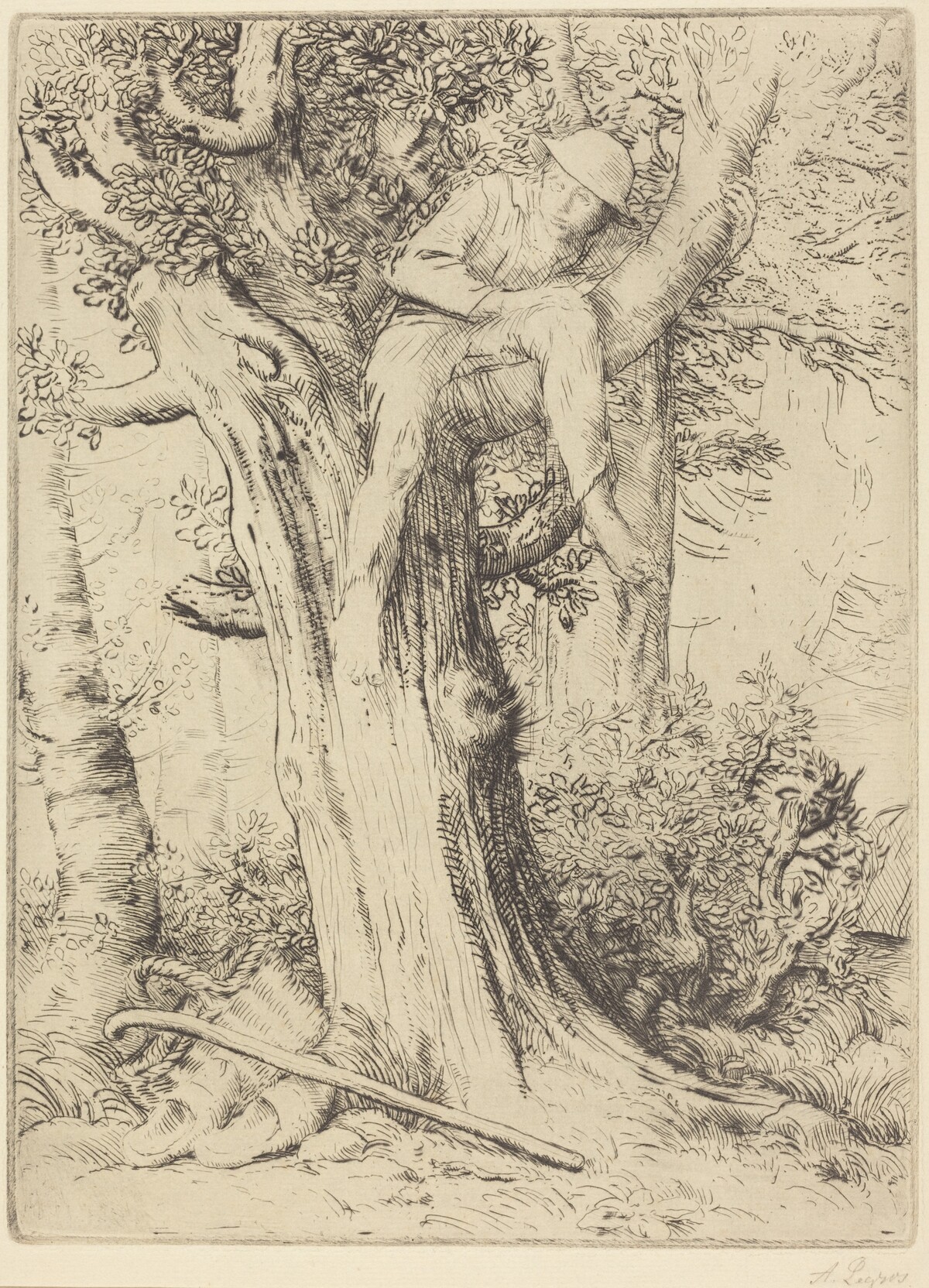 Landscape with a Boy in a Tree (Paysage avec un garcon gimpe sur un arbre dite "Le denicher d'oiseaux) by Alphonse Legros