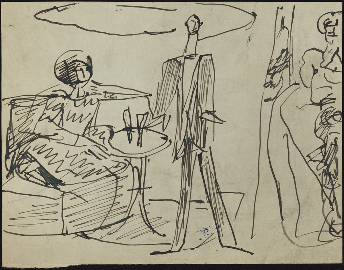 Woman Seated and Man Standing Beside a Small Table by Max Beckmann