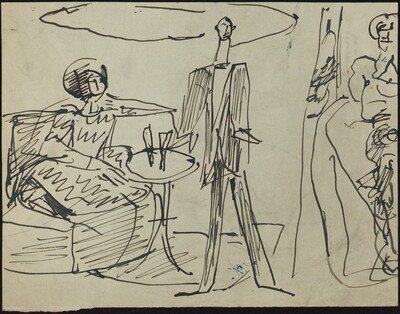 Woman Seated and Man Standing Beside a Small Table
