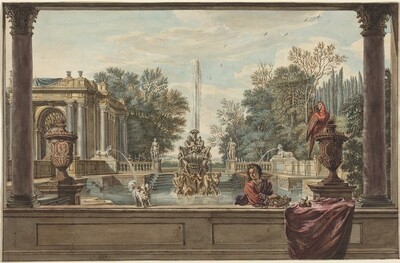 An Italianate Garden with a Parrot, a Poodle, and a Man