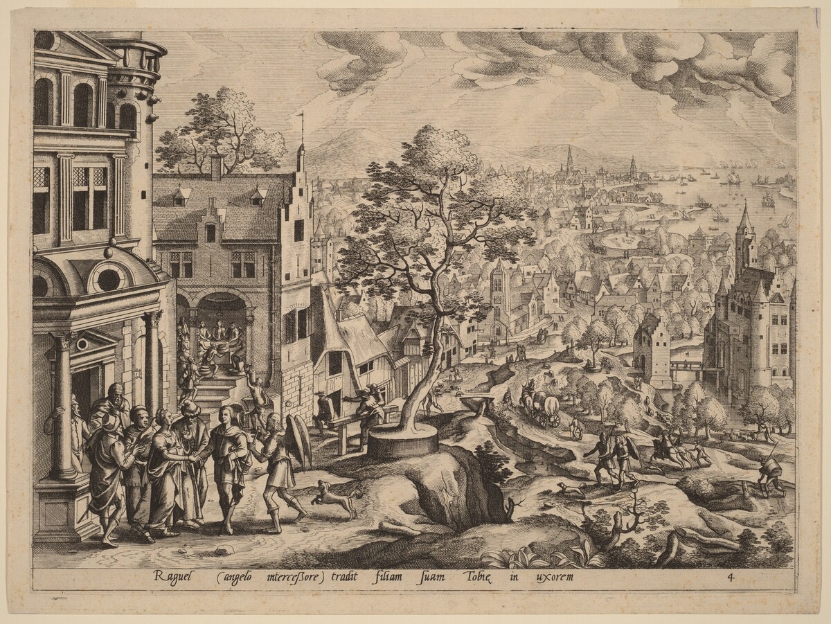 Tobias and the Angel Arriving at Raguel's House by Johannes van Doetechum the Elder and Lucas van Doetechum, after Hans Bol
