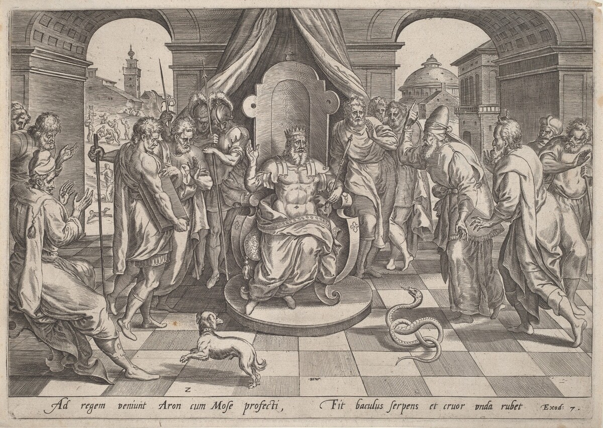 Moses and Aaron before the Pharaoh by Johan Wierix, after Maarten van Cleef