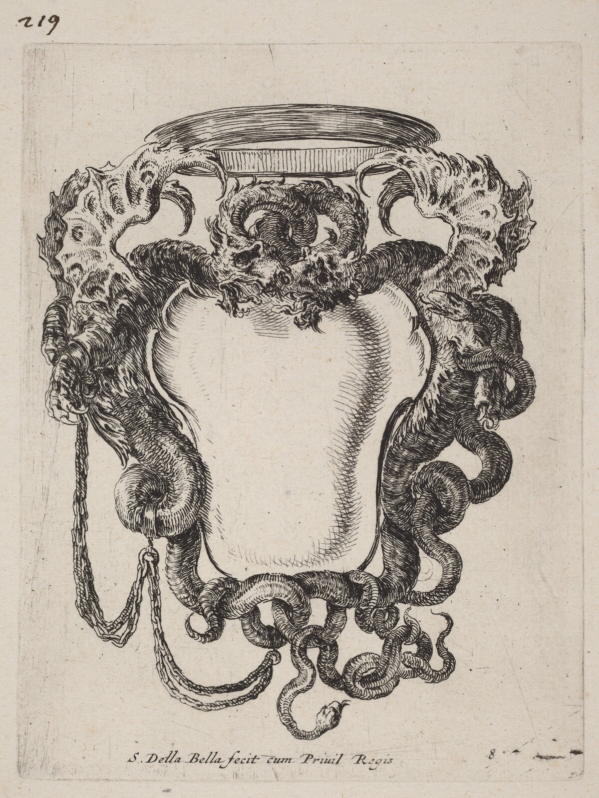 Cartouche Flanked by Dragons by Stefano Della Bella