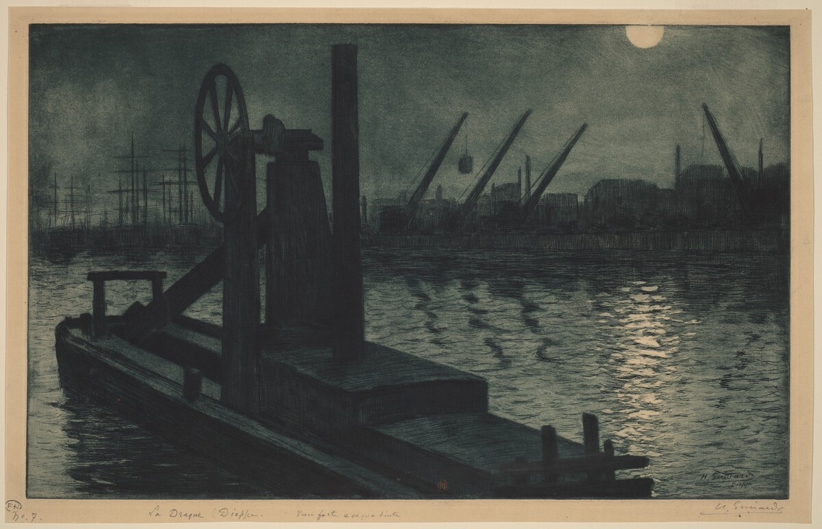 La Drague Dieppe (A Dredger in Dieppe Harbor by Moonlight) by Henri-Charles Guérard
