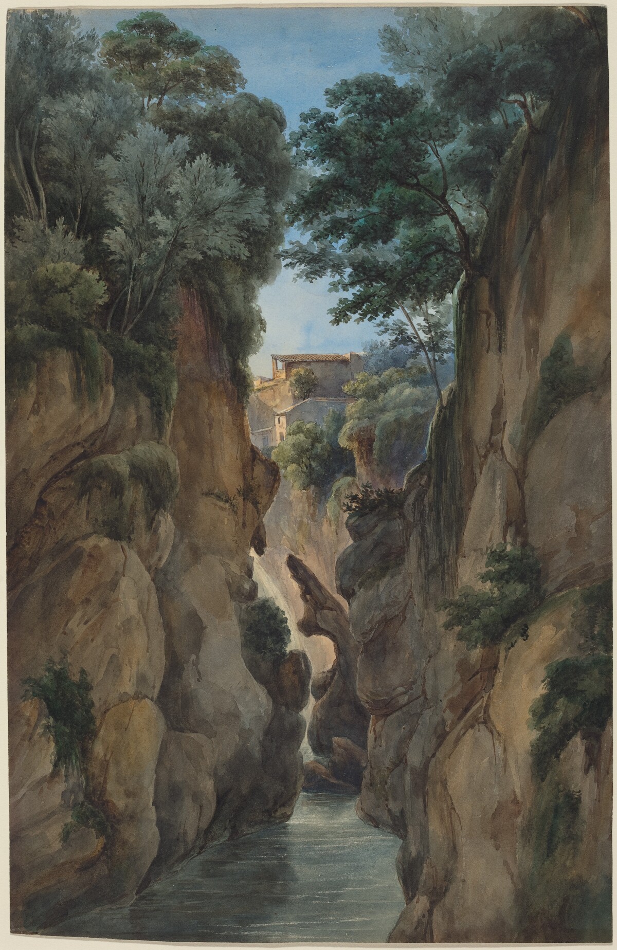 View of a Waterfall through a Ravine by Attributed to Achille-Etna Michallon