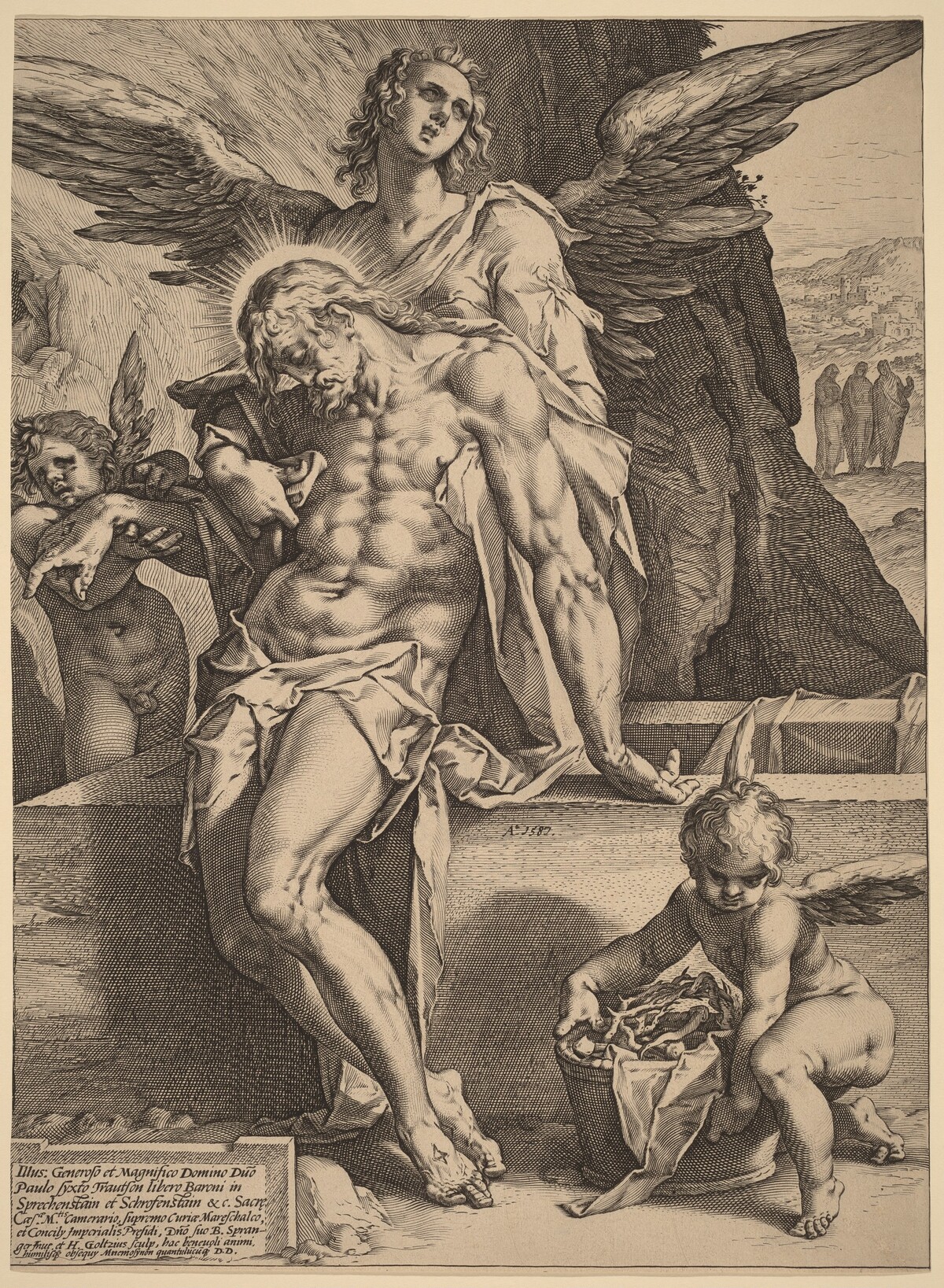 The Body of Christ Supported by Angels by Hendrick Goltzius, after Bartholomaeus Spranger