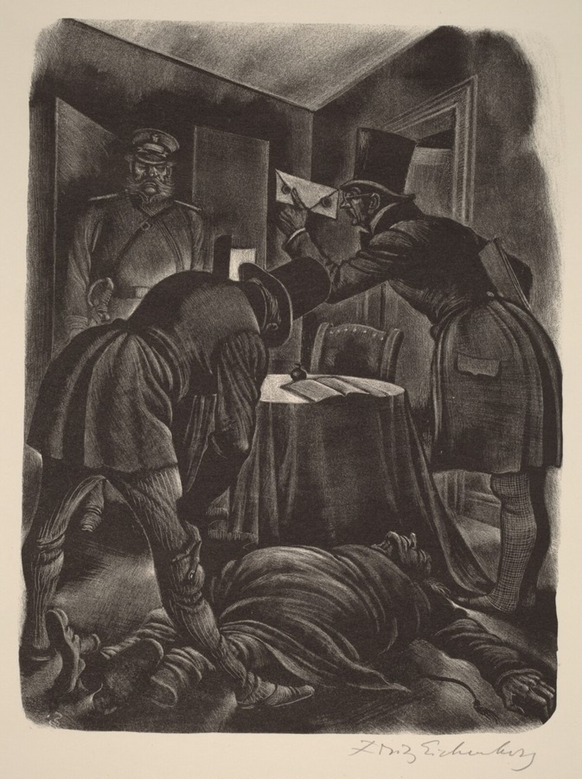 Quite Dead, with His Head Broken (Book IX: Preliminary Investigation, facing p.352) by Fritz Eichenberg