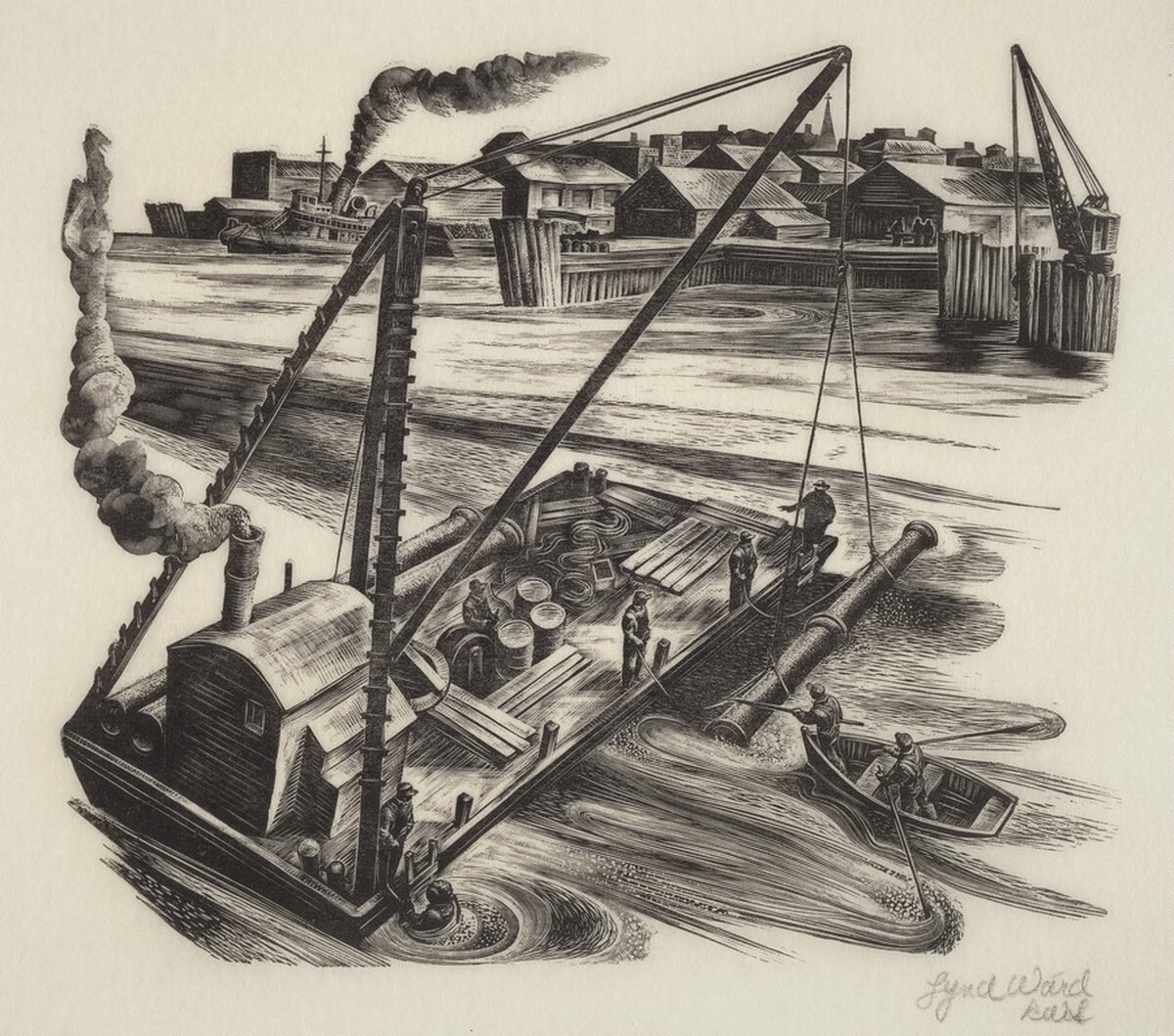 Untitled (Barge With Pipe & Deep Sea Diver) by Lynd Kendall Ward