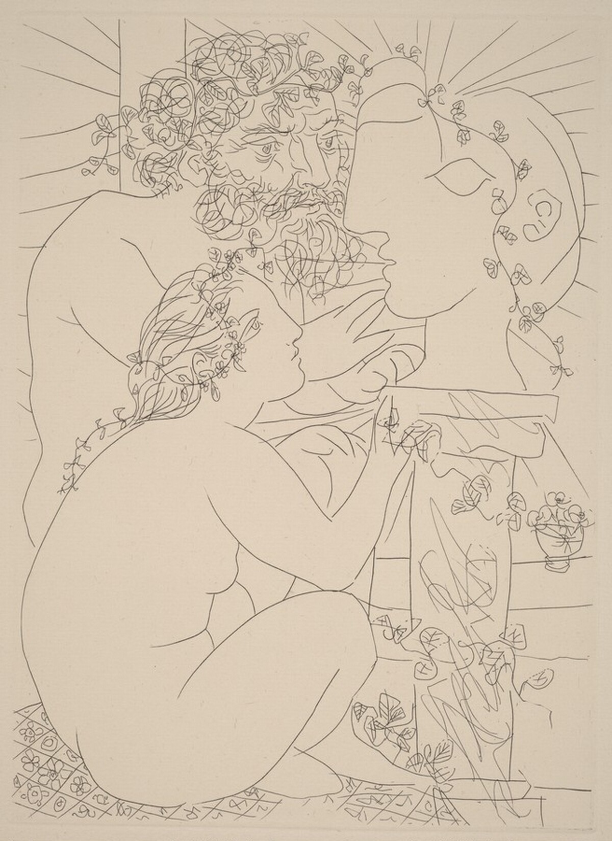 Sculptor with his Model, a Sculpture of Her Head, and a Bowl of Anemones (Sculpteur avec son modèle, sa sculpture et un bol d'anémones) by Pablo Picasso