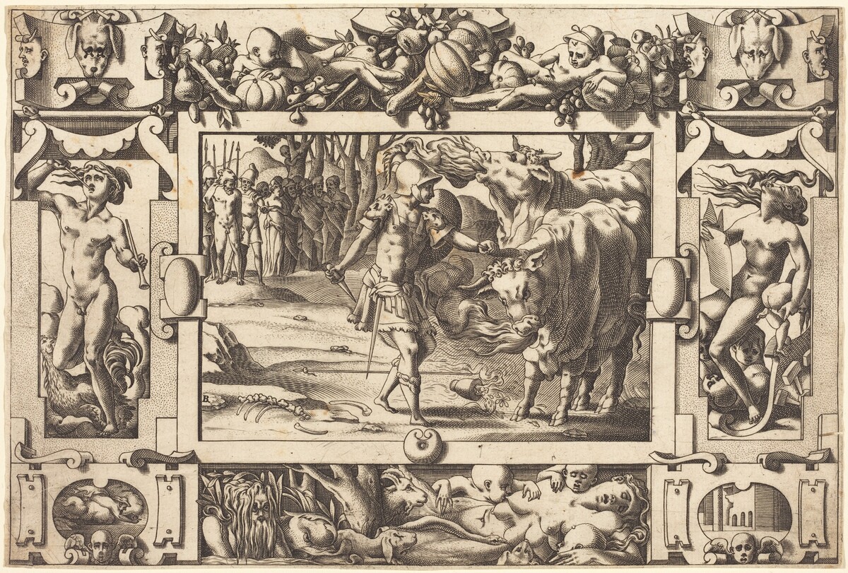 Jason Tames the Two Bulls of Mars by René Boyvin after Leonard Thiry