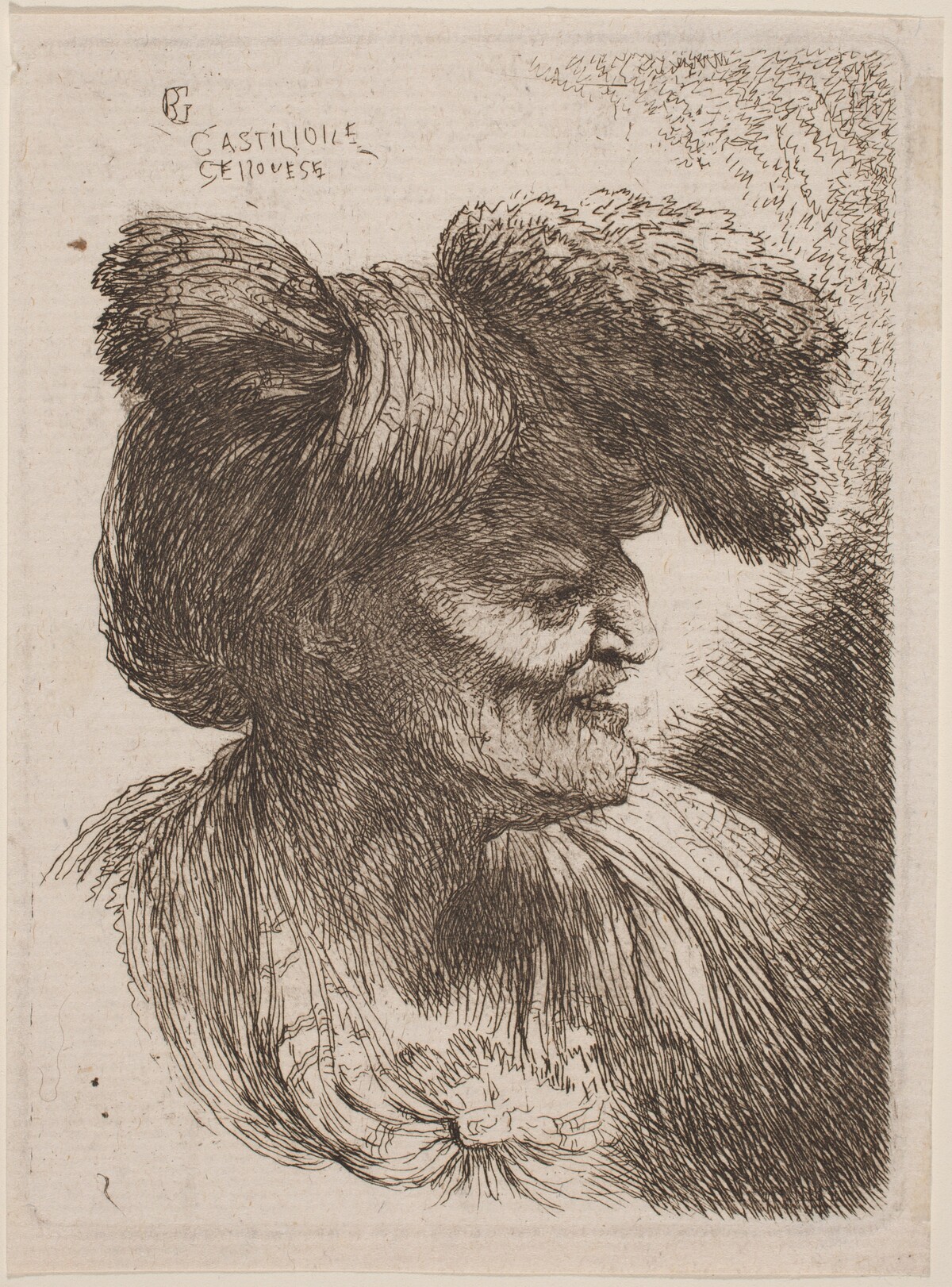 Old Man Wearing a Turban Ornamented with Fur, Facing Right by Giovanni Benedetto Castiglione