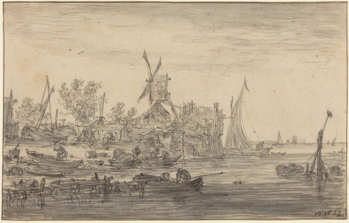 Foreshore Scene with Windmill by Jan van Goyen