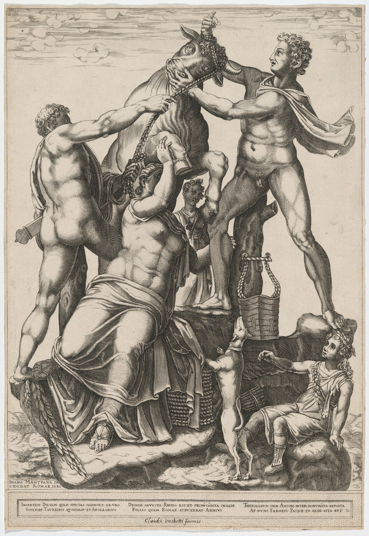 Amphion and Zethus Tying Dirce to a Wild Bull by Diana Scultori, after the Antique