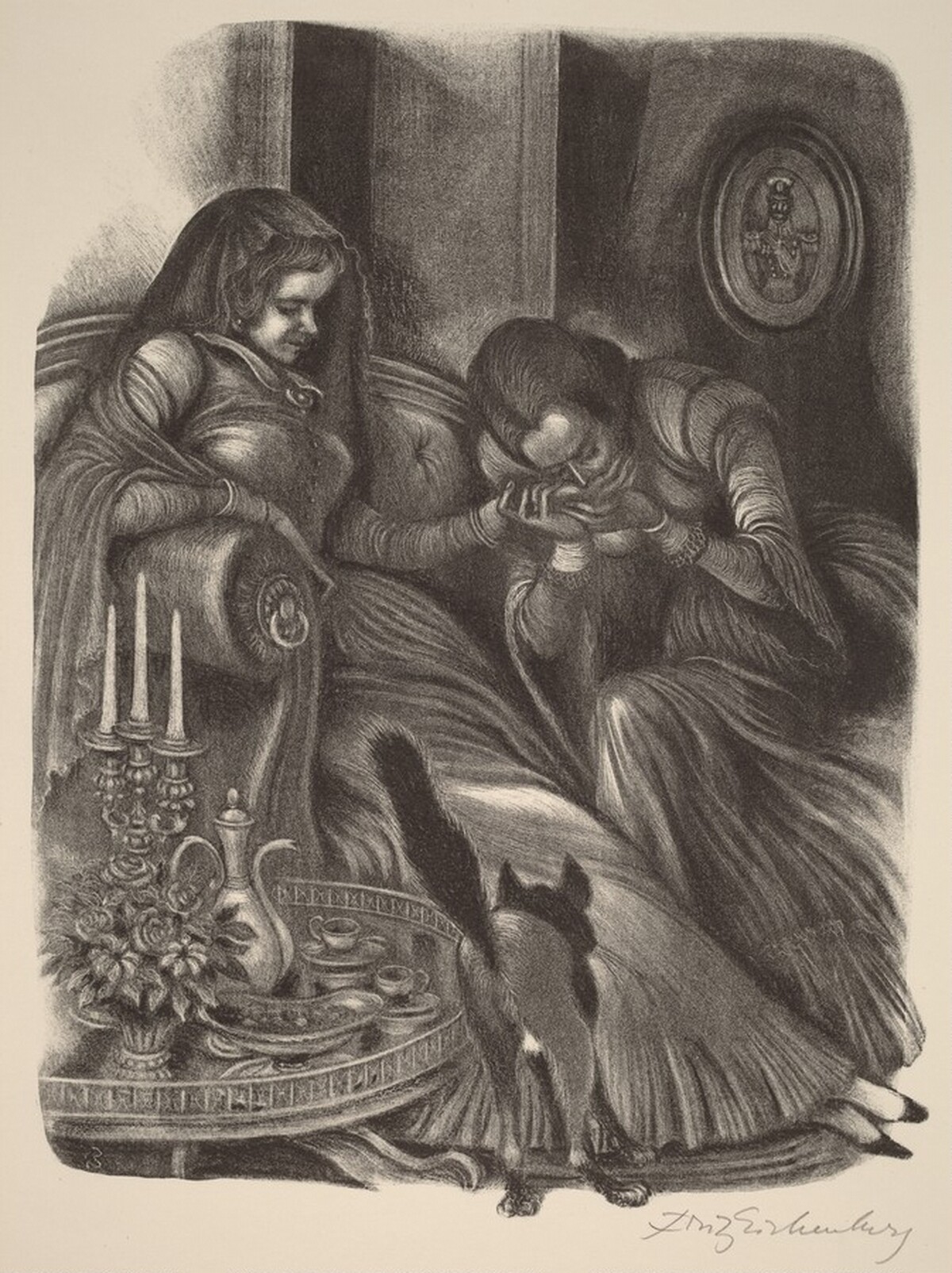 Katerina Kisses Grushenka's Hand (Book III: The Sensualists, facing p.110) by Fritz Eichenberg