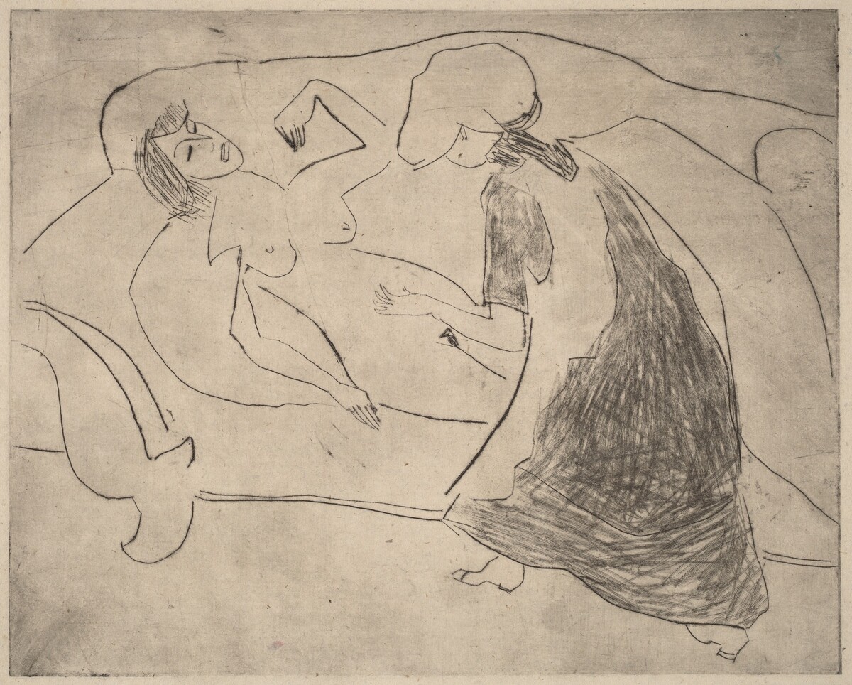 Girl, with Another Rubbing Her Belly by Ernst Ludwig Kirchner