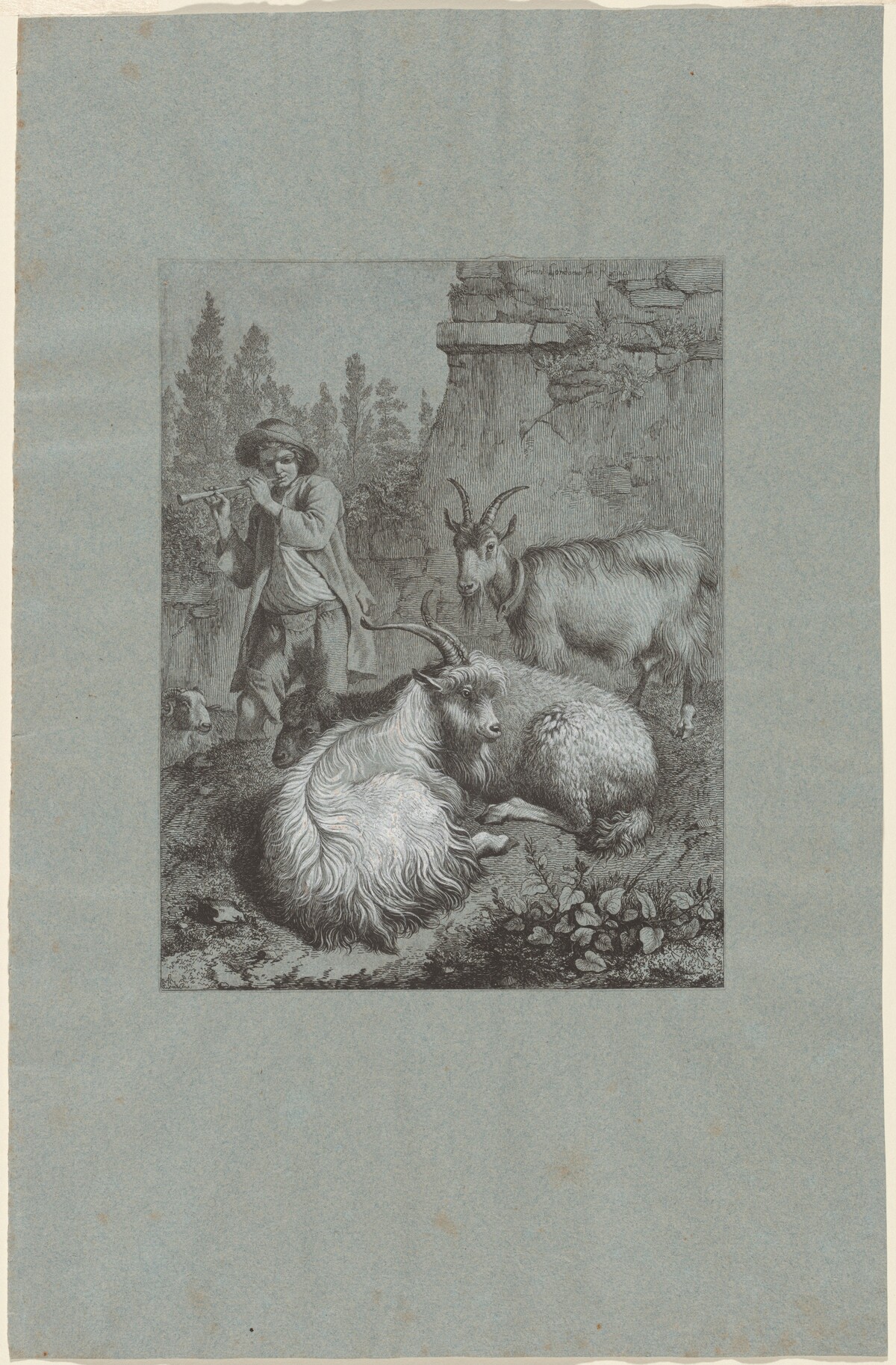 Shepherd Playing a Flute with Goats by Francesco Londonio