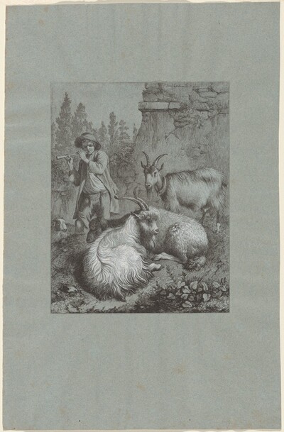 Shepherd Playing a Flute with Goats