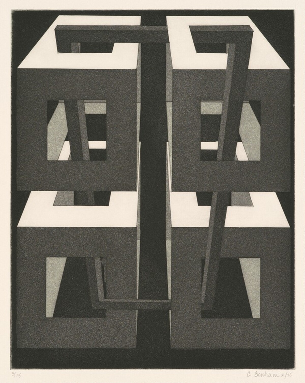 (Four rectangular box-like forms joined by a beam) by Connie Benham