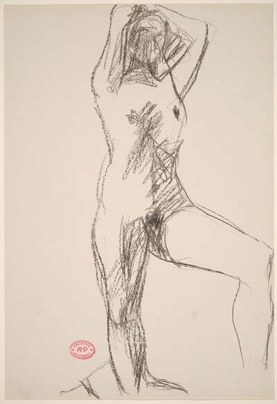 Untitled [standing female nude with hands behind head]