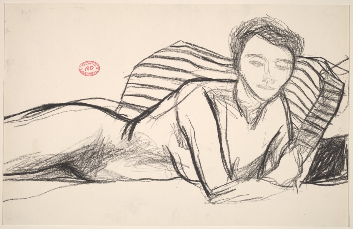 Untitled [model lying with her belly on the bed and looking up] by Richard Diebenkorn