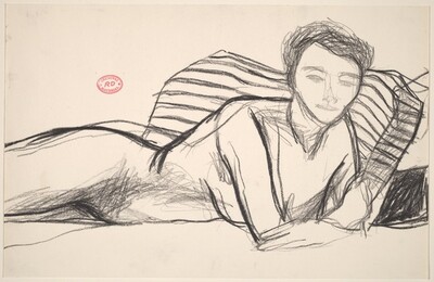 Untitled [model lying with her belly on the bed and looking up]