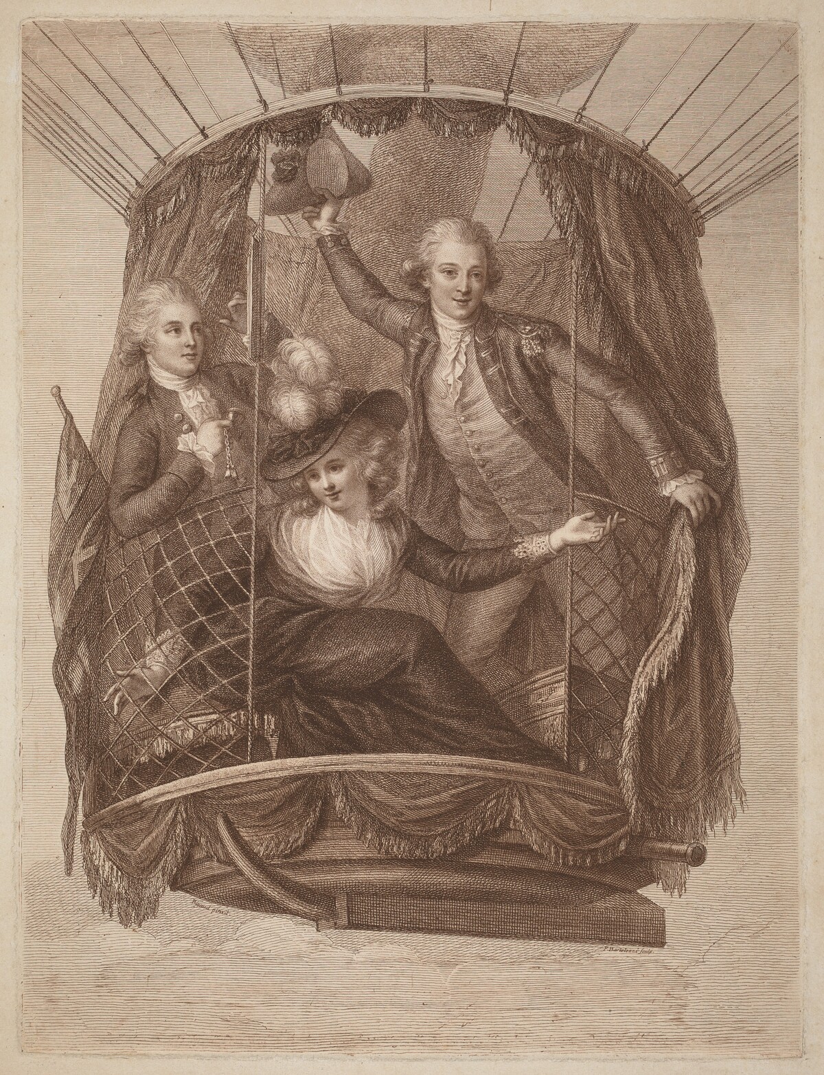 The Celebrated Vincent Lunardi Esq. Accompanied by Two Friends in His Third Aerial Excursion, Taken from St. George's Fields, in London by Francesco Bartolozzi after John Francis Rigaud
