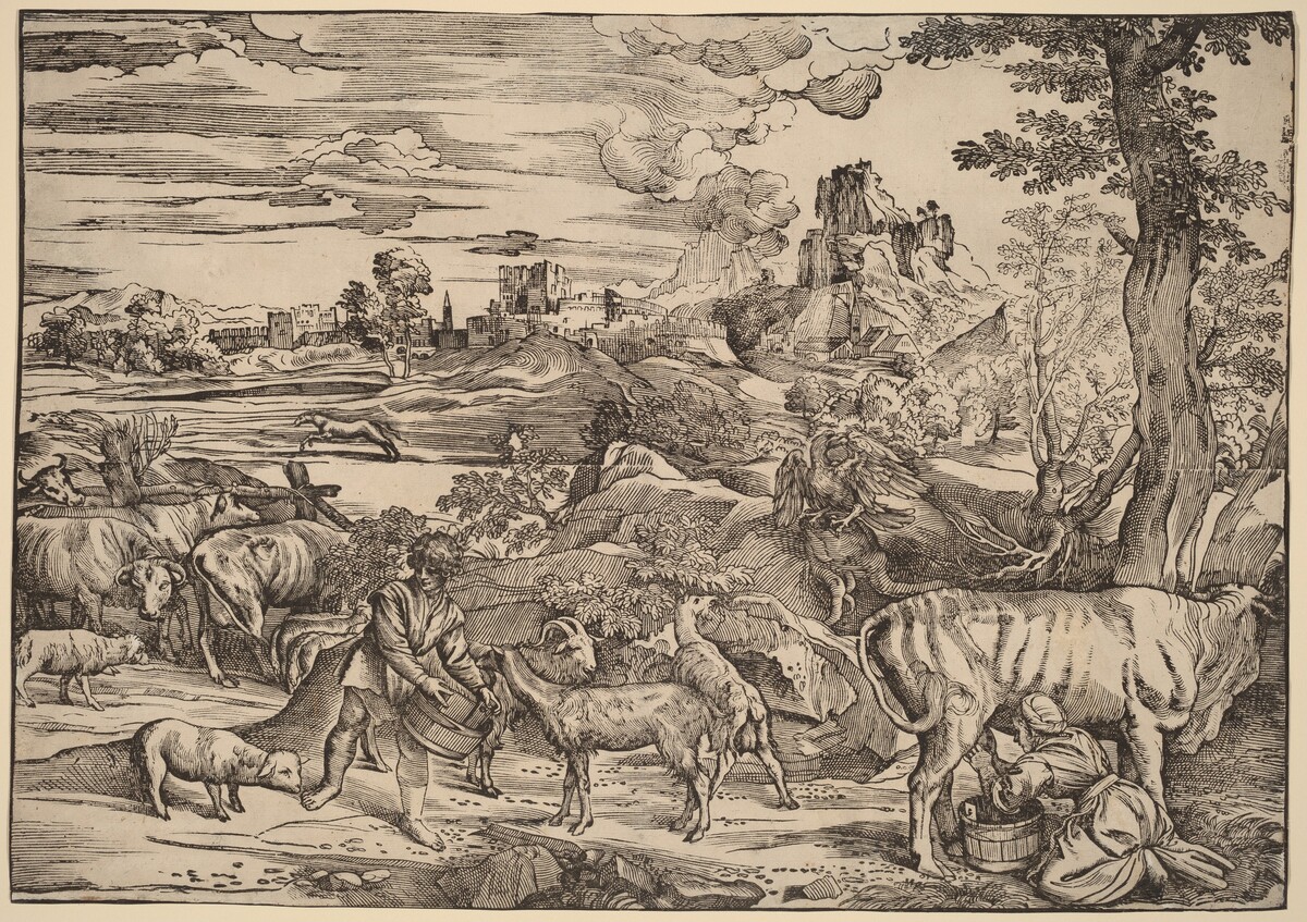 Landscape with a Milkmaid by Niccolò Boldrini after Titian
