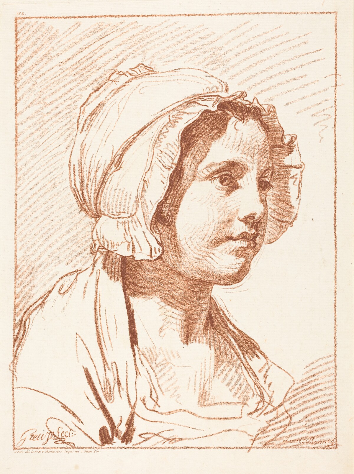 Head of a Young Woman Wearing a Cap by Louis-Marin Bonnet after Jean-Baptiste Greuze
