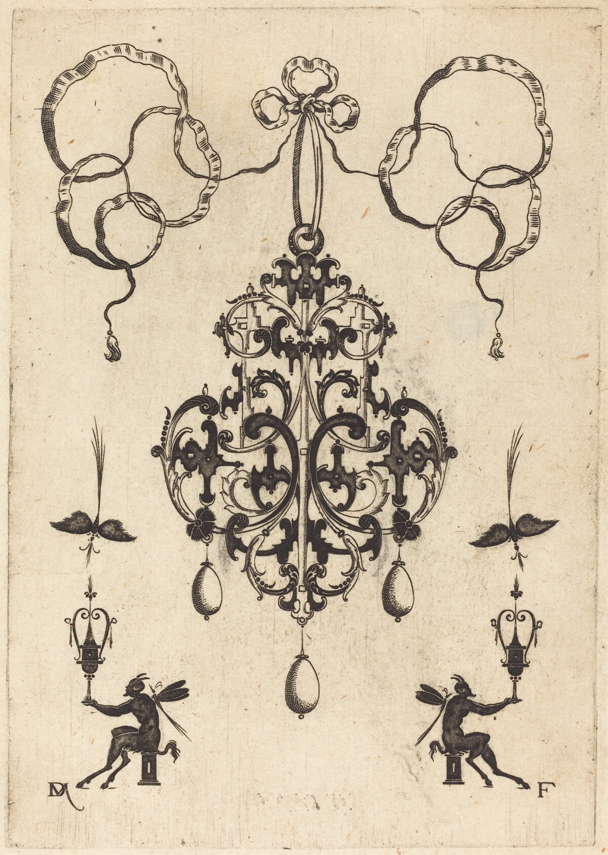 Large Pendant, Lower Left and Right Two Winged "Devils" Sitting on Pedestals by Daniel Mignot