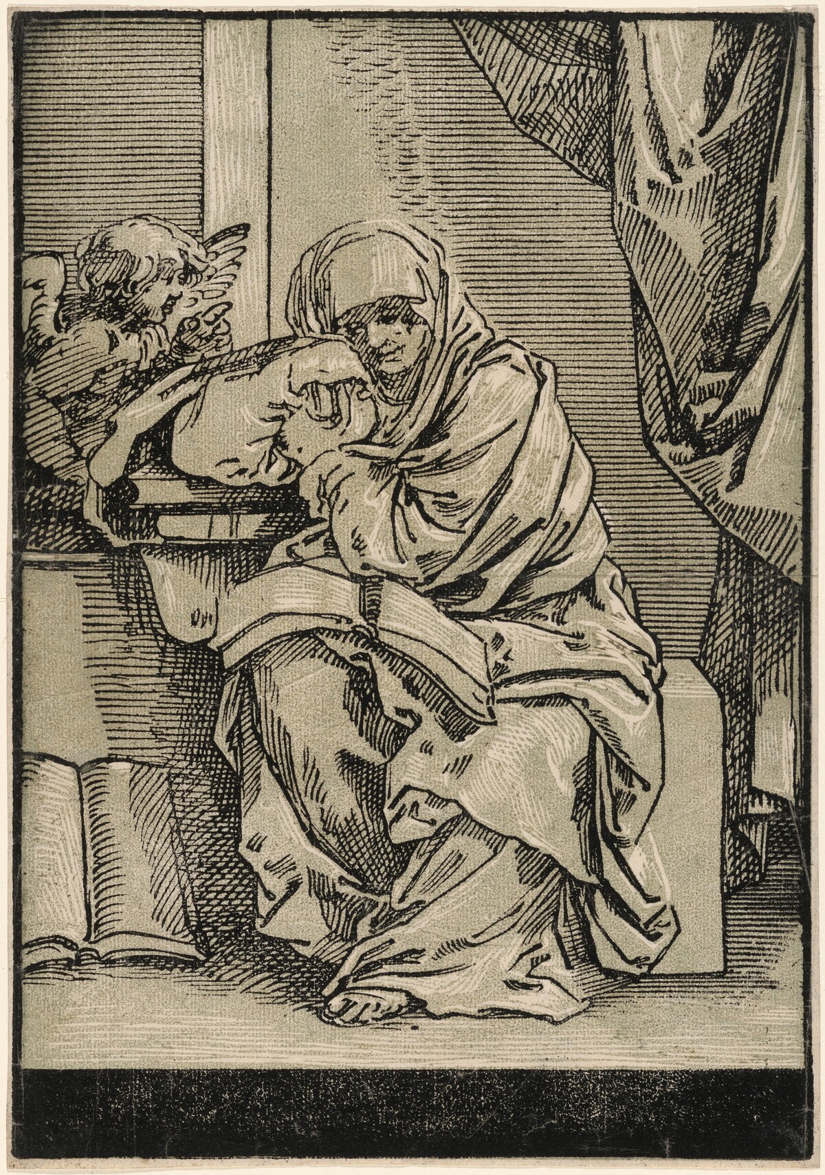 Sibyl with a Book and Winged Putto to the Left by Bartolomeo Coriolano, after Guido Reni
