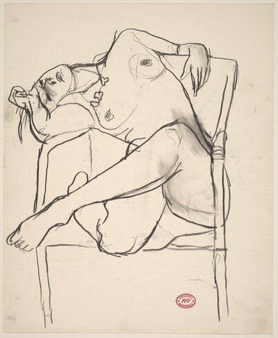 Untitled [seated female nude slouching over chair arm]
