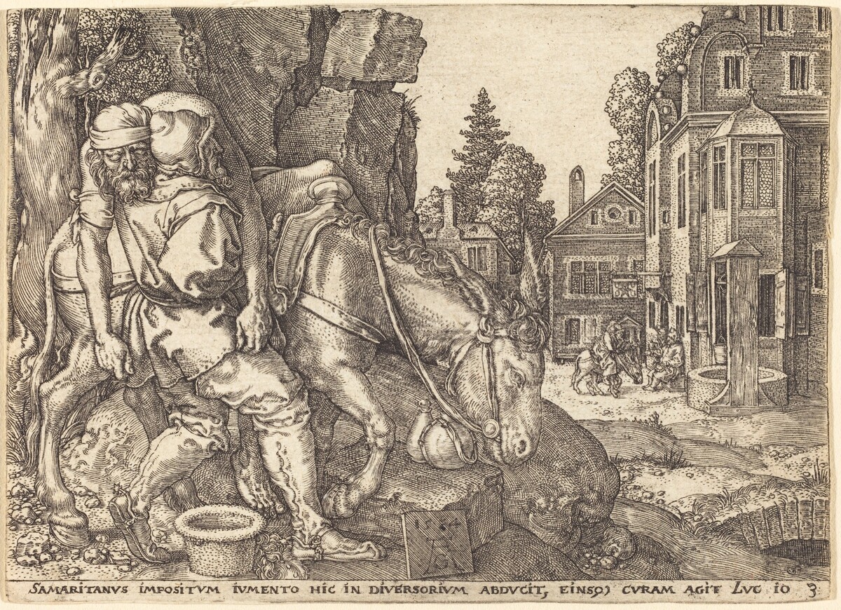 The Good Samaritan Placing the Traveler on a Mule by Heinrich Aldegrever