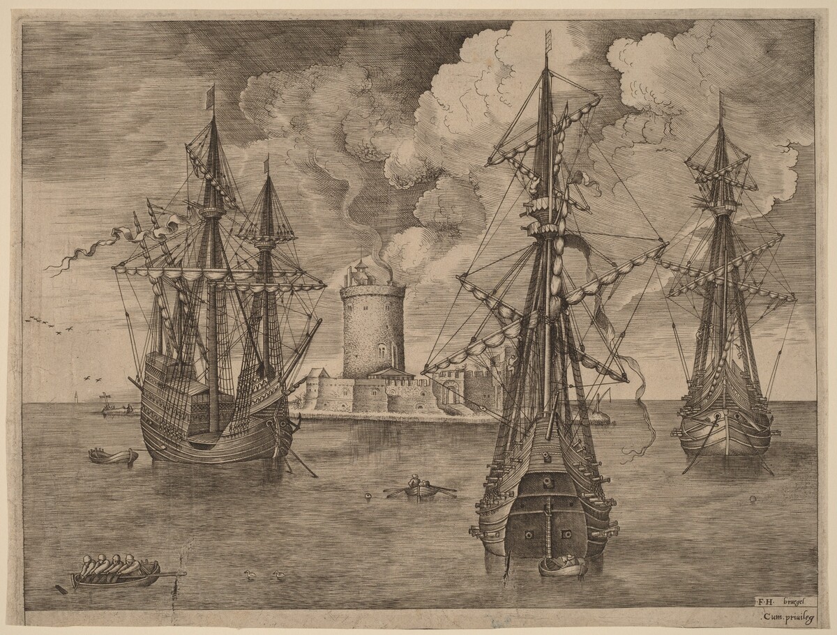 Four-Master (Left) and Two Three-Masters Anchored near a Fortified Island with a Lighthouse by Frans Huys after Pieter Bruegel the Elder