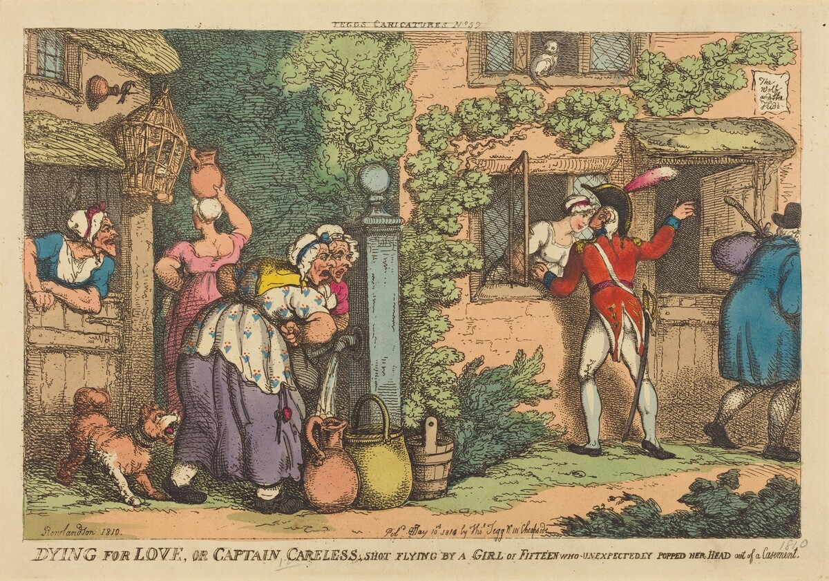 Dying for Love, or Captain Careless shot flying by a Girl of Fifteen, who Unexpectedly Popped her Head out of a Casement by Thomas Rowlandson