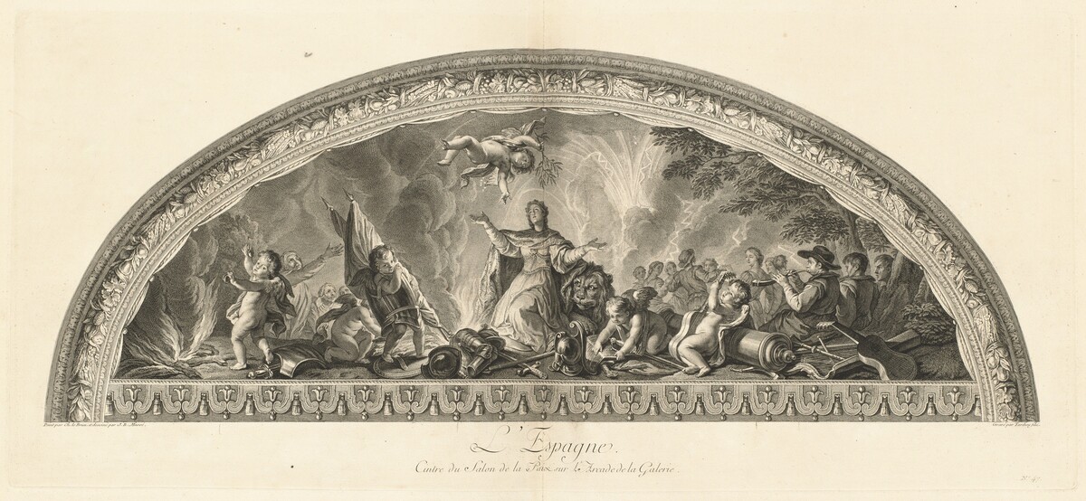 L'Espagne Cintre du Salon de la Paix sur l'Arcade de la Galerie (Spain, Center of the Salon of Peace in the Gallery's Arcade) [pl. 47] by Jean-Baptiste Massé (designer) and Jacques Nicolas Tardieu (engraver) after Charles Le Brun