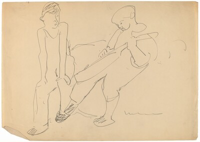 Two Seated Boys, One Plaing a Stringed Musical Instrument