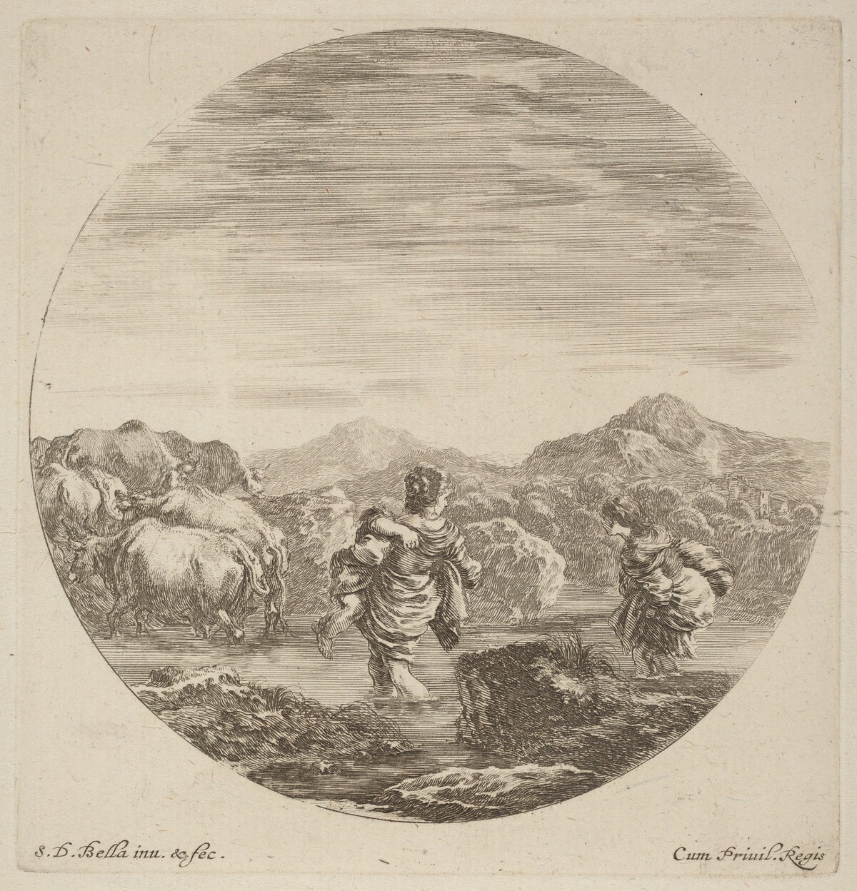 Two Women Fording a Creek with a Herd of Cows by Stefano Della Bella