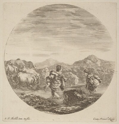 Two Women Fording a Creek with a Herd of Cows