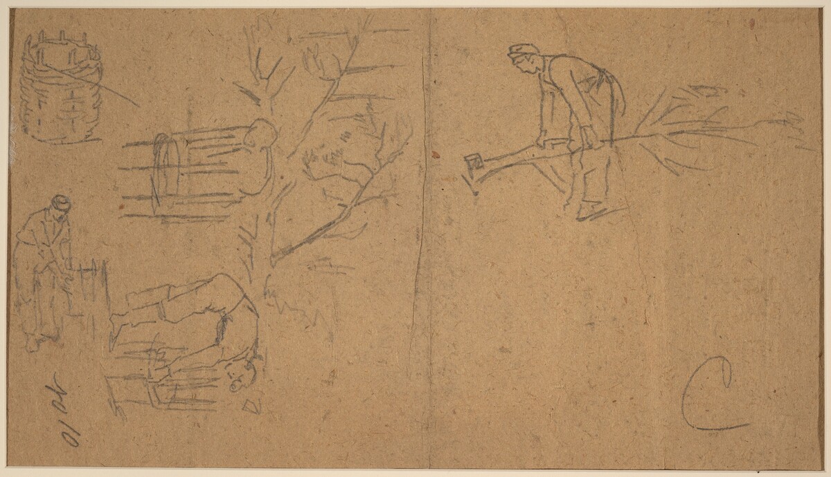 Soldiers felling sapling, and weaving saplings into baskets [verso] by Winslow Homer