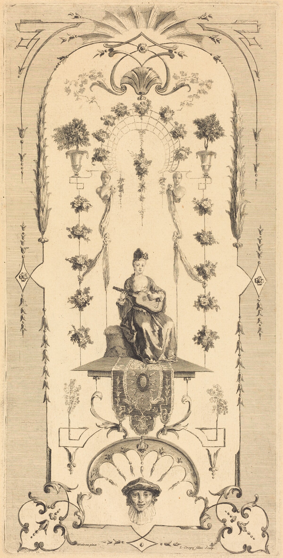 Seated Woman Playing a Guitar by Louis Crépy after Antoine Watteau