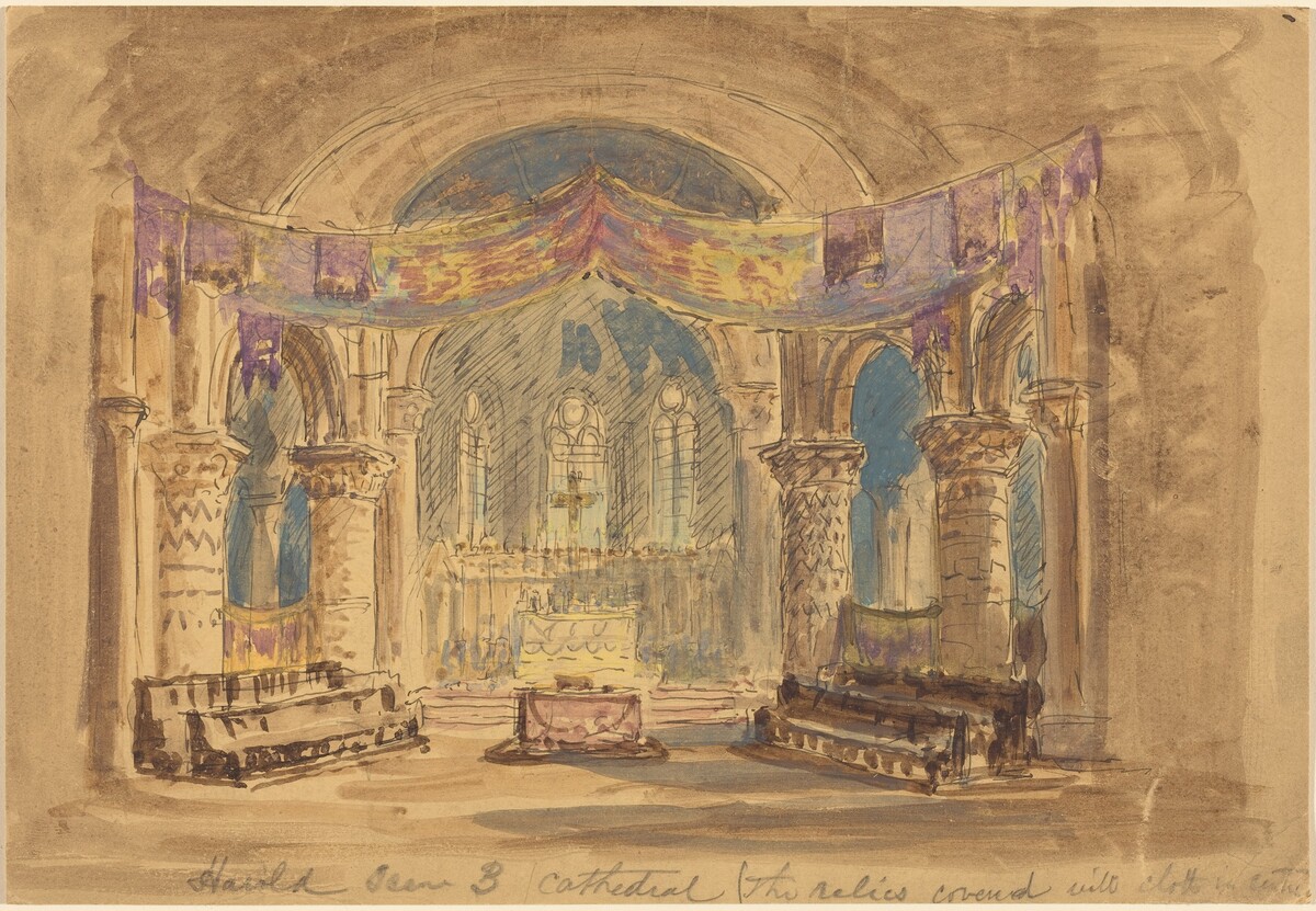 "Harold Scene 3 Cathedral (The relics covered with cloth at centre)" by Robert Caney