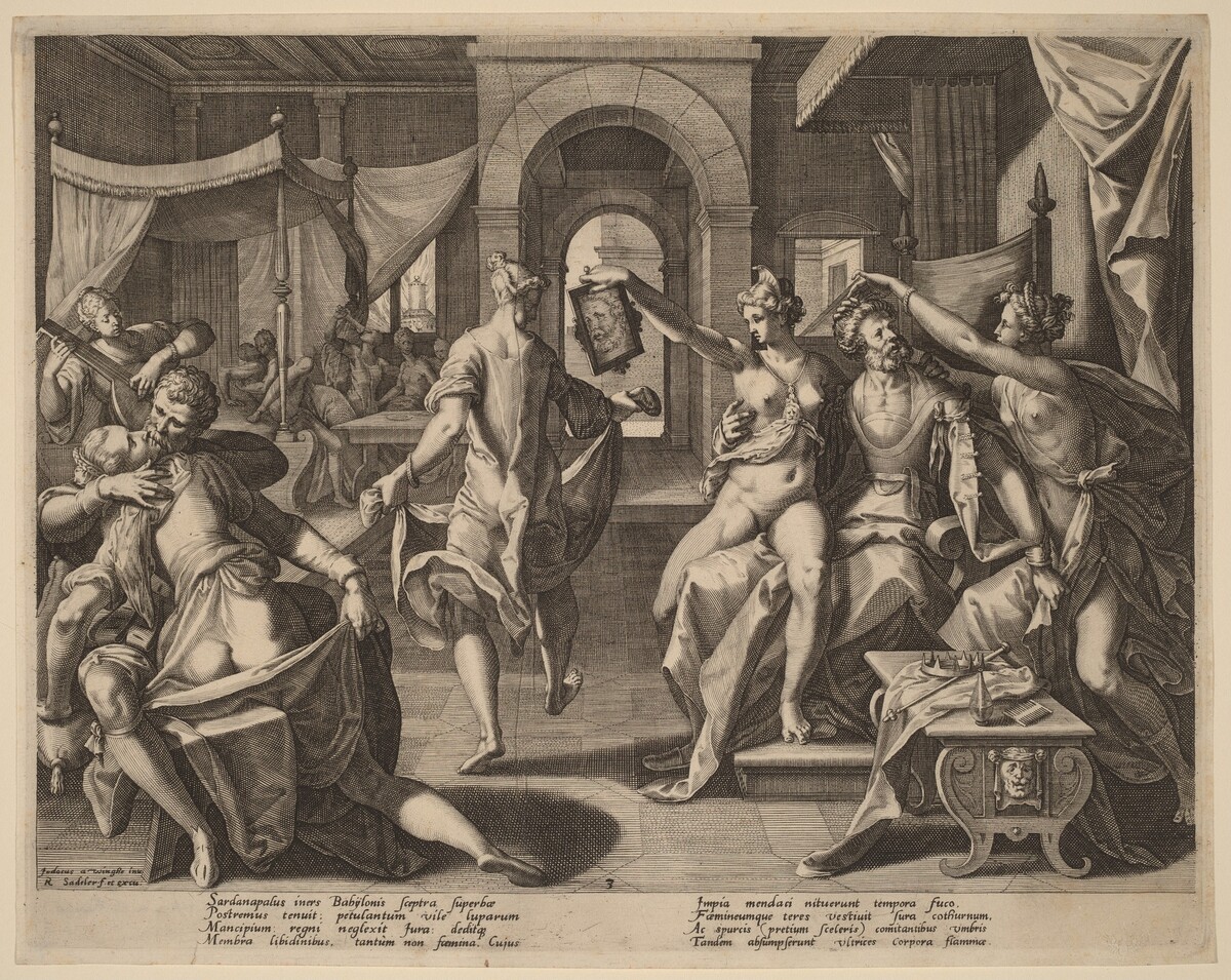 Sardanapalus among the Concubines by Raphael Sadeler I after Joos van Winghe