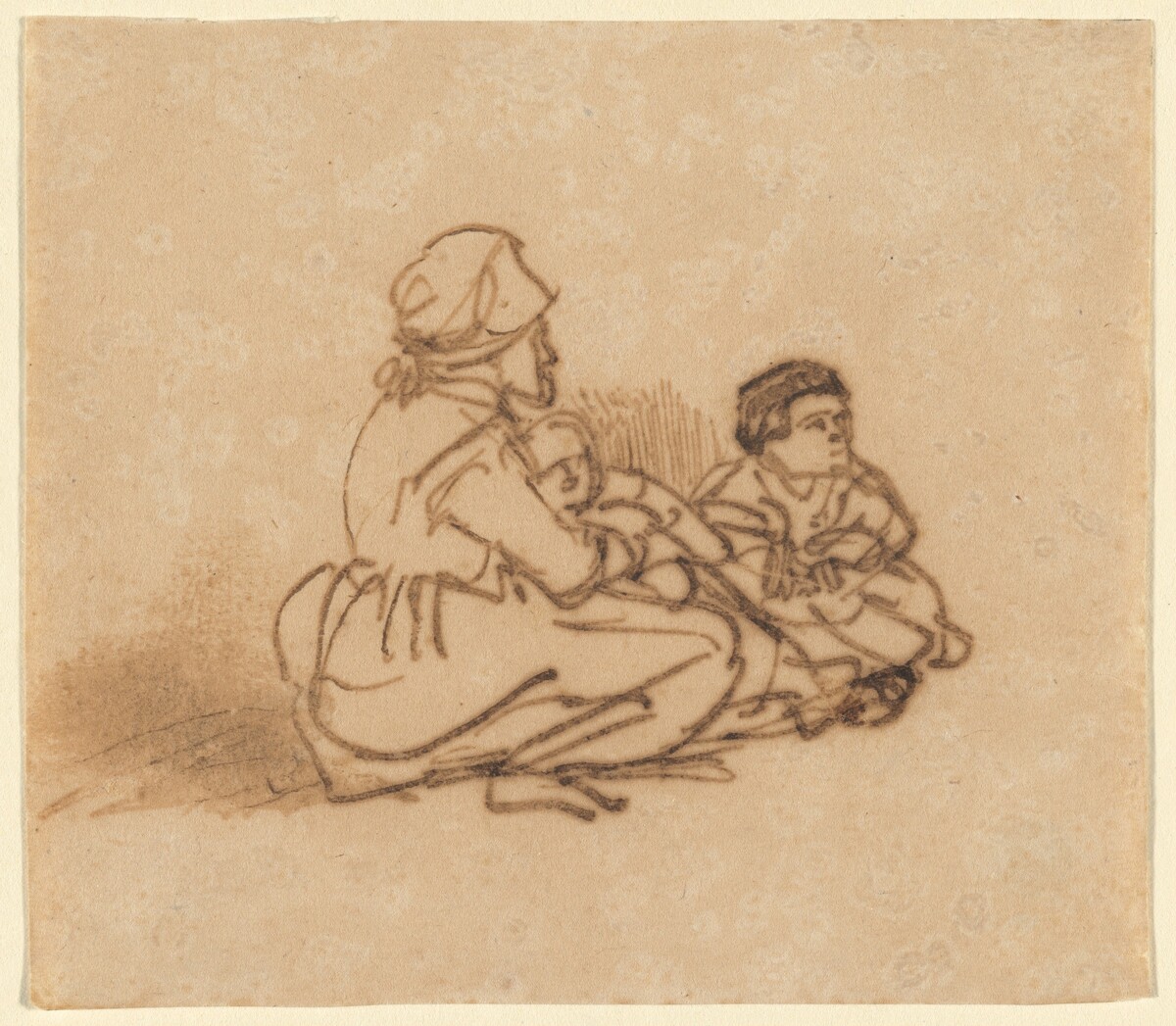 Woman Seated on the Ground with Two Children by Rembrandt van Rijn
