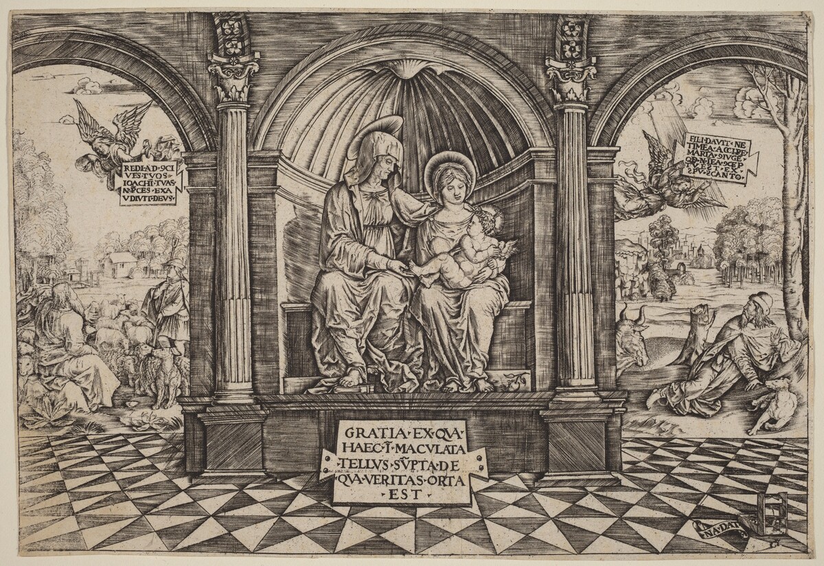 Virgin and Child Enthroned with Saint Anne by Master NA.DAT with the Mousetrap