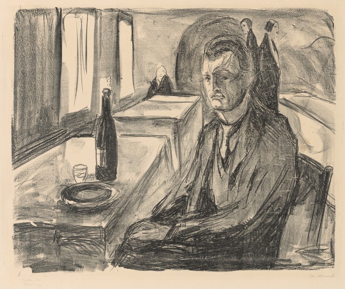 Self-Portrait with a Bottle of Wine (Selvportrett ved vinen) by Edvard Munch